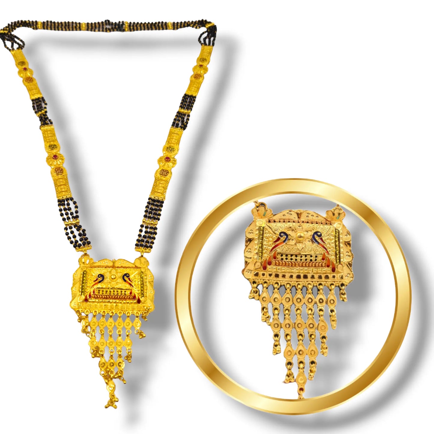 One-Gram Gold-Plated Black Bead Mangalsutra with Peacock Pendant Attractive Sister