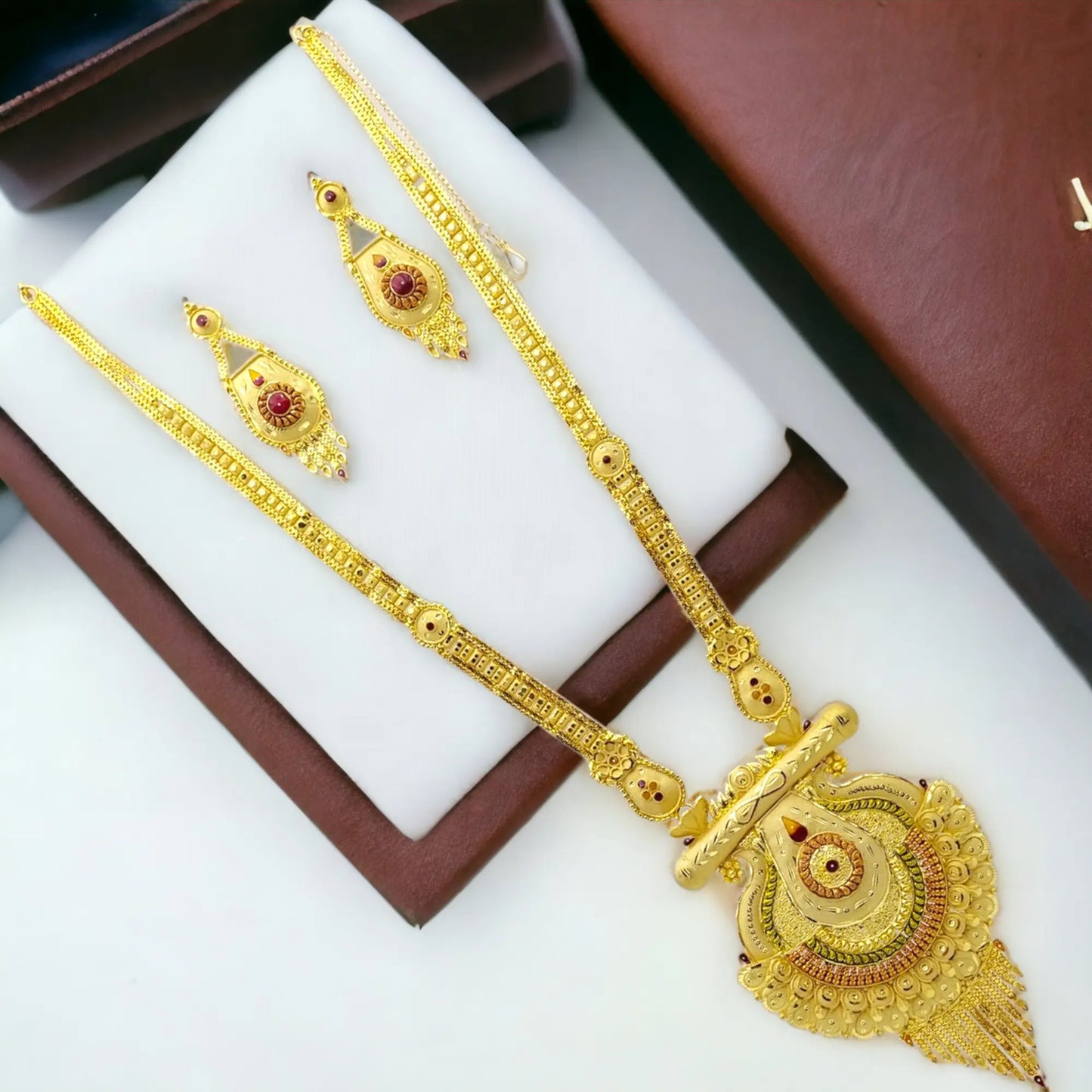 One-Gram Gold-Plated Long Haram Necklace Set with Earrings and Earring support Chain Attractive Sister