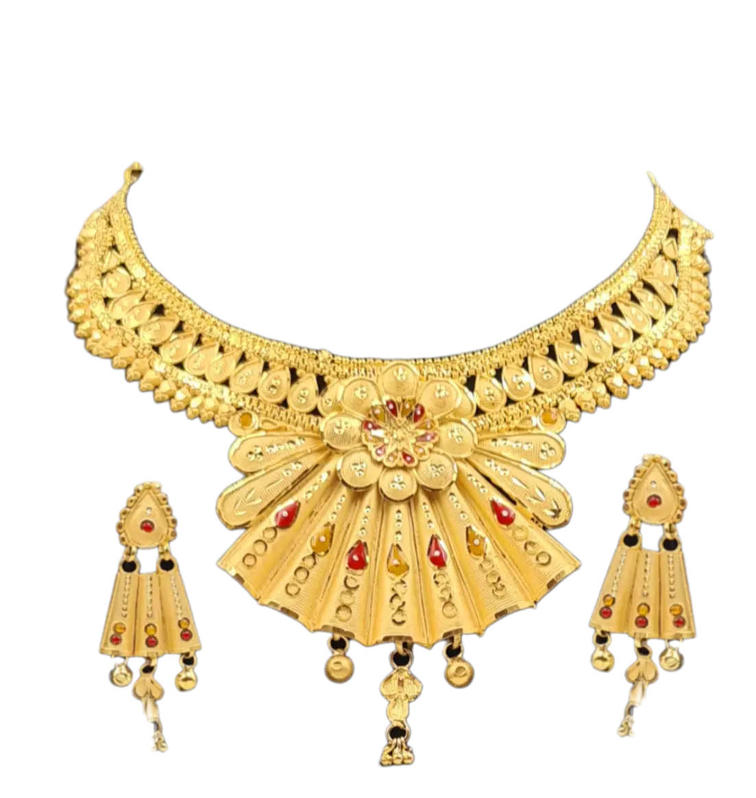 Elegant 22 k Gold Plated Necklace and Earring Set with Intricate Floral Design and Red Gem Accents - Attractive Sister