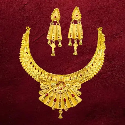 Elegant 22 k Gold Plated Necklace and Earring Set with Intricate Floral Design and Red Gem Accents - Attractive Sister