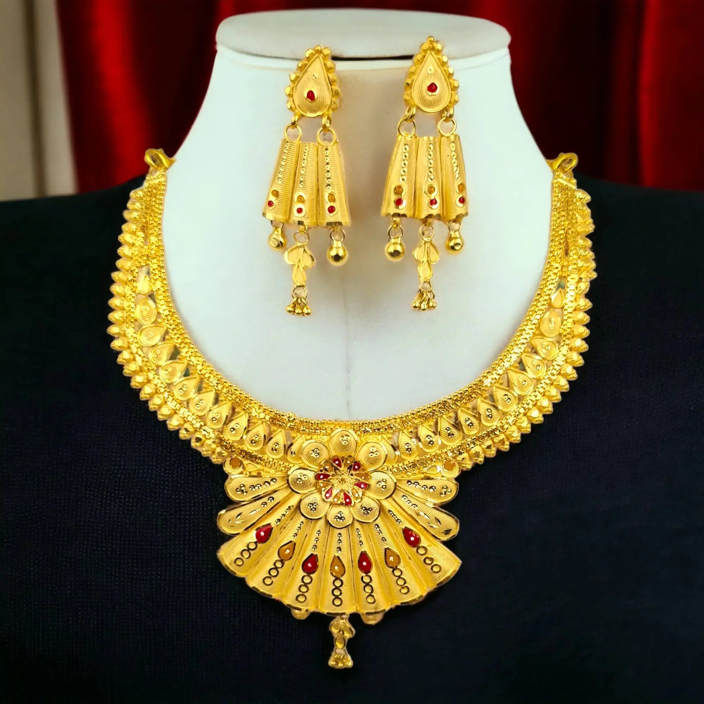 Elegant 22 k Gold Plated Necklace and Earring Set with Intricate Floral Design and Red Gem Accents - Attractive Sister