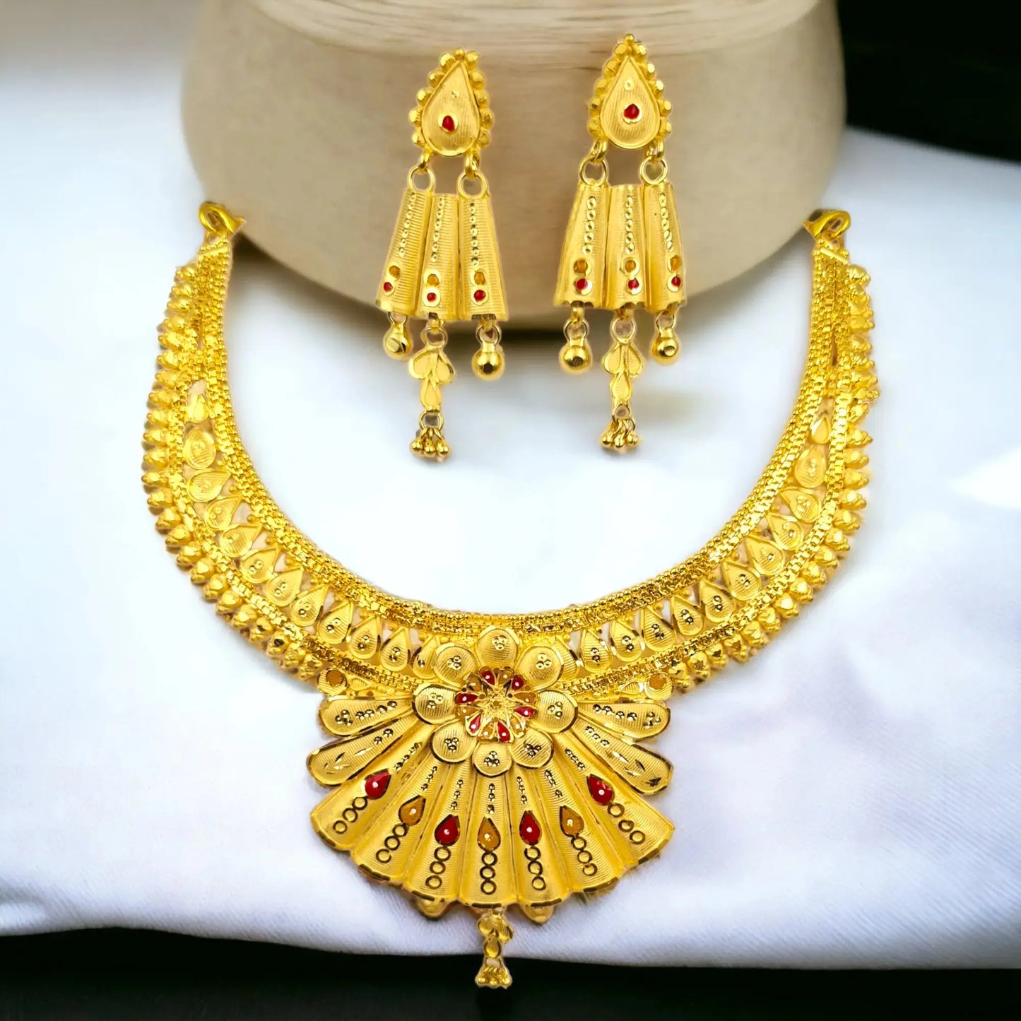 Elegant 22 k Gold Plated Necklace and Earring Set with Intricate Floral Design and Red Gem Accents - Attractive Sister