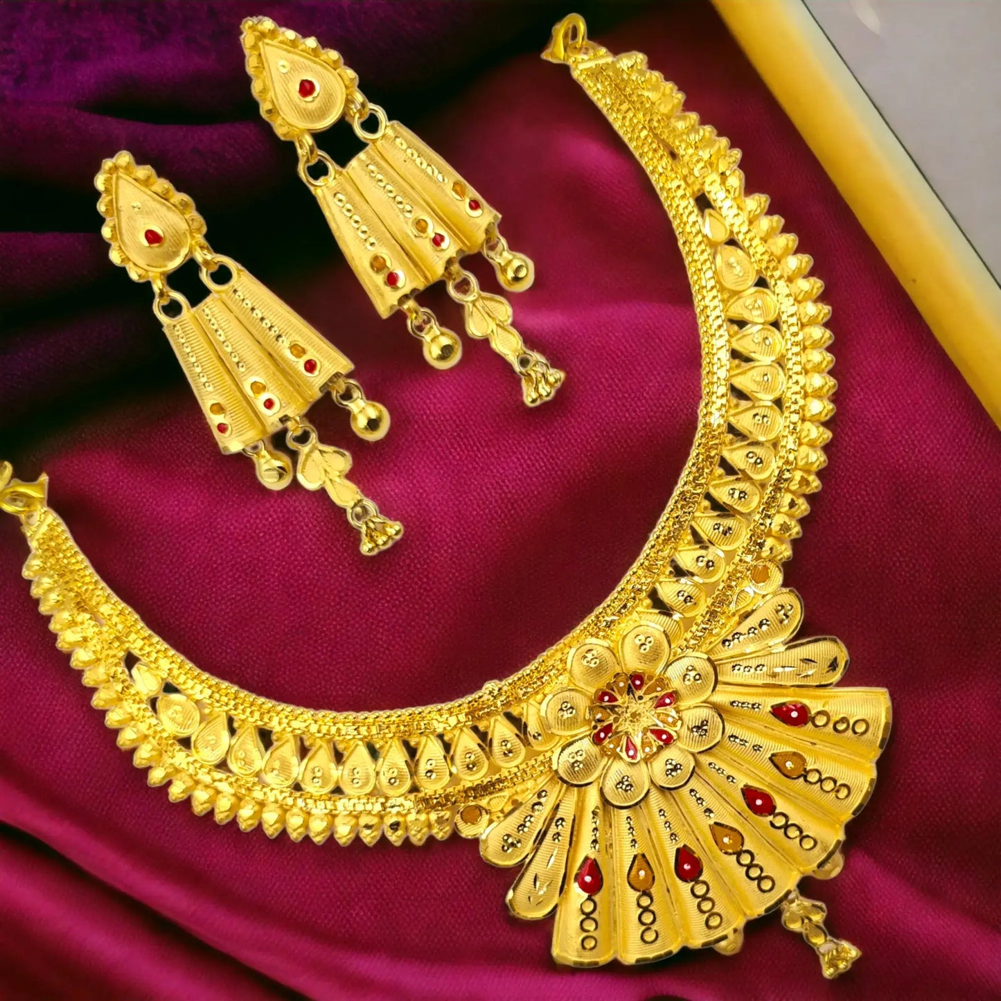 Elegant 22 k Gold Plated Necklace and Earring Set with Intricate Floral Design and Red Gem Accents - Attractive Sister
