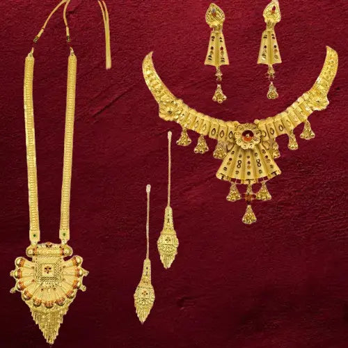 Trendy Gold-Plated Necklace Combo Set with Choker, Long Necklace, and Earrings Attractive Sister