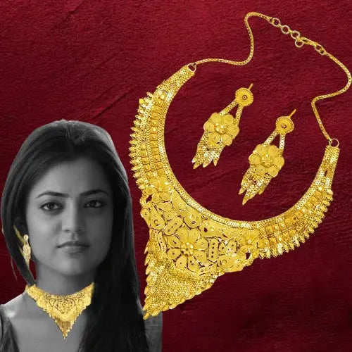 2 Gram Gold-Plated Bridal Necklace Set with Intricate Design - Attractive Sister