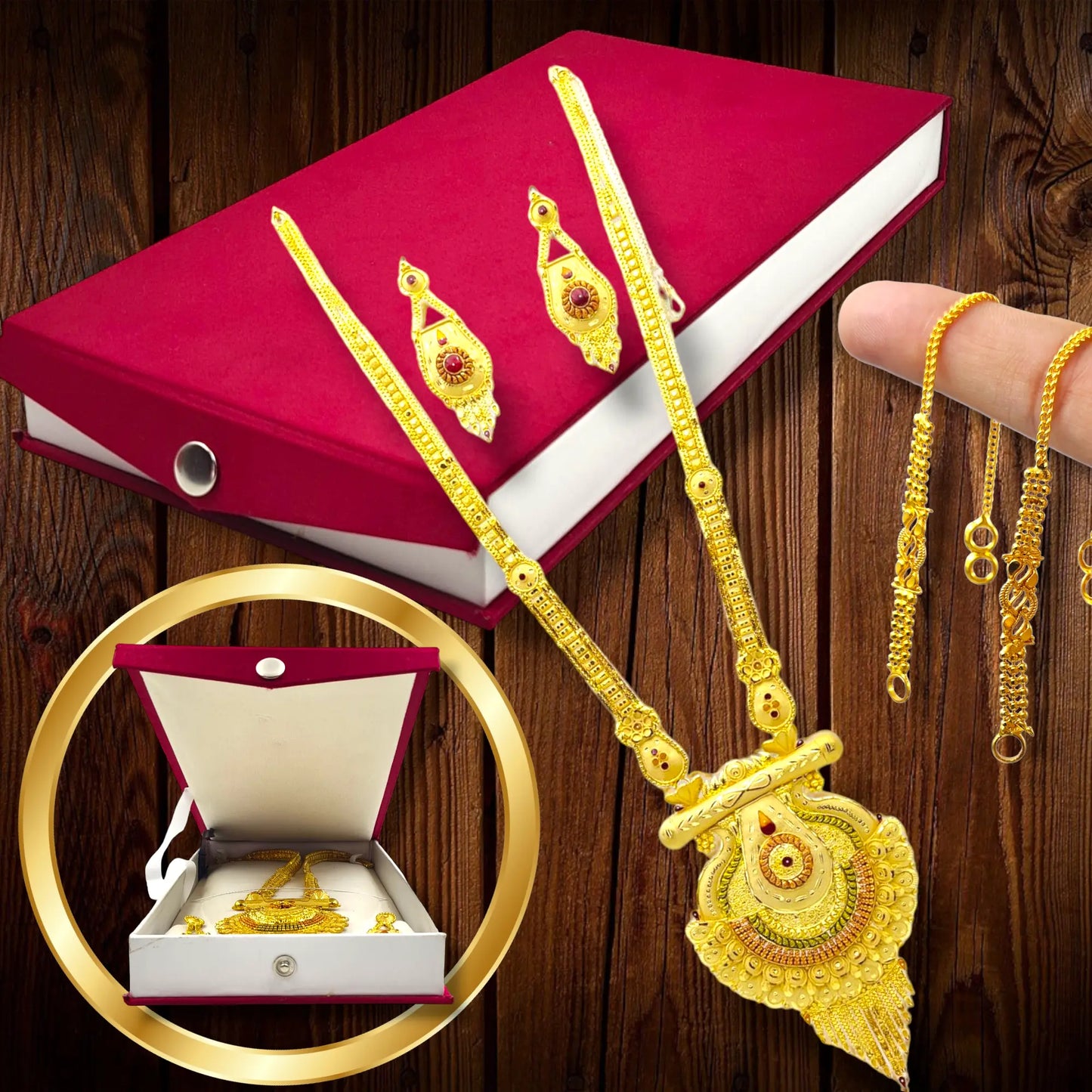 One-Gram Gold-Plated Long Haram Necklace Set with Earrings and Earring support Chain Attractive Sister