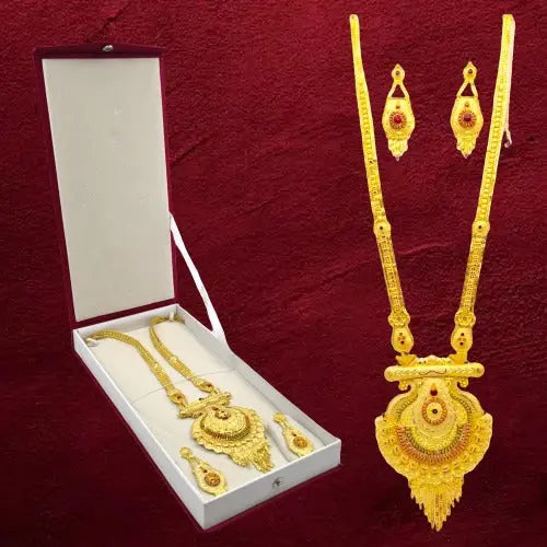 One-Gram Gold-Plated Long Haram Necklace Set with Earrings and Earring support Chain Attractive Sister