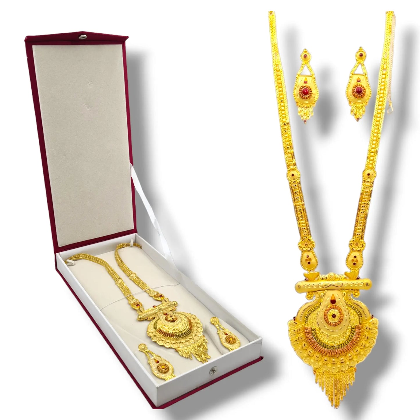 One-Gram Gold-Plated Long Haram Necklace Set with Earrings and Earring support Chain Attractive Sister