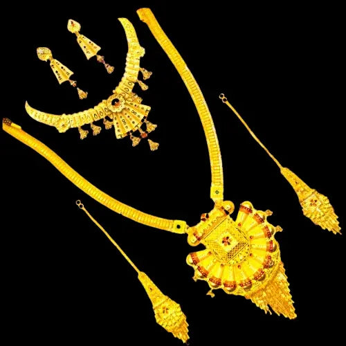 Trendy Gold-Plated Necklace Combo Set with Choker, Long Necklace, and Earrings Attractive Sister