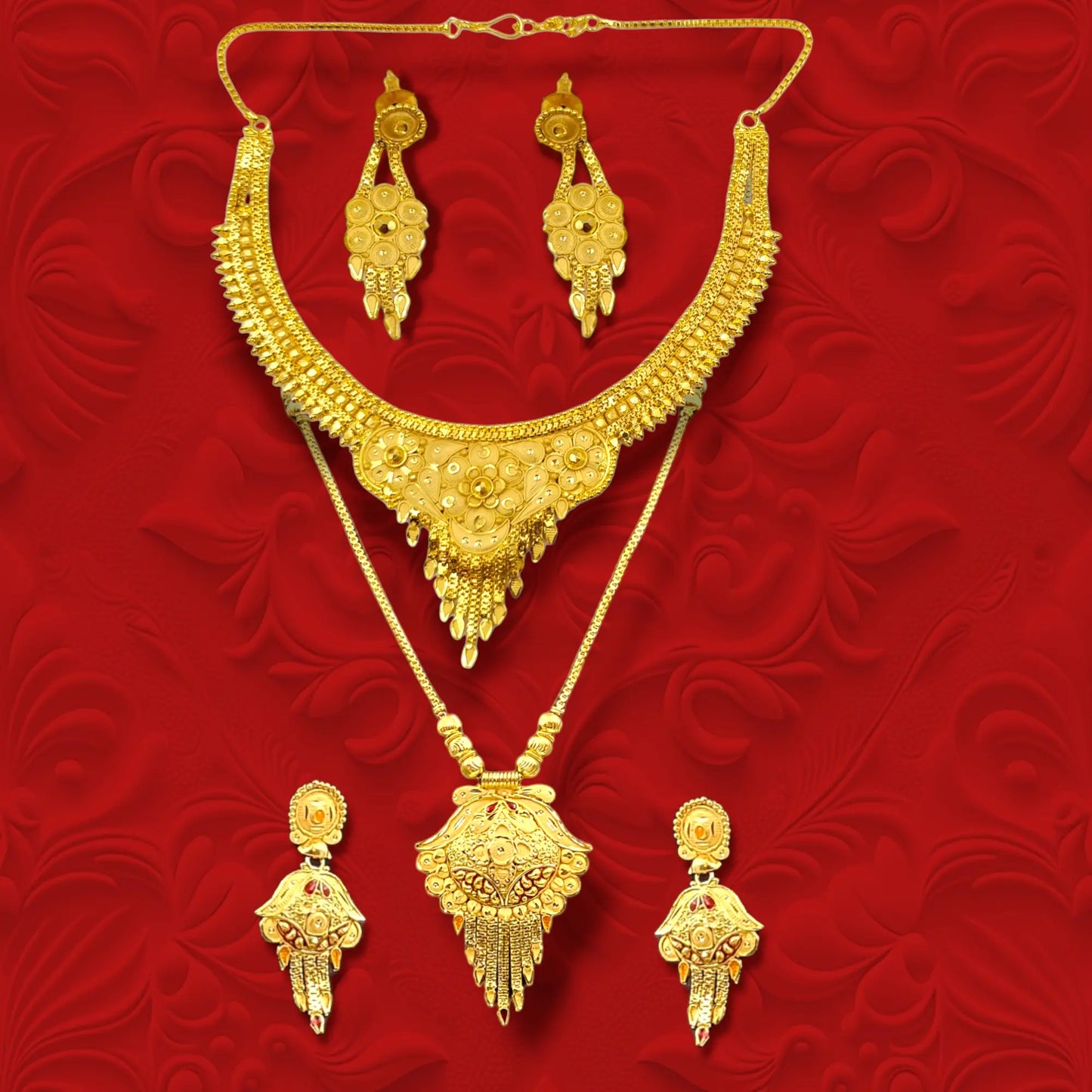 Exclusive One Gram Gold Bridal Combo Set: Choker, Long Necklace, and Earrings Attractive Sister