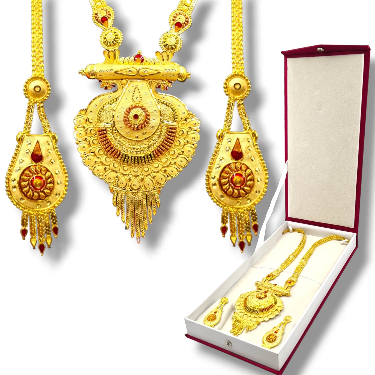 One-Gram Gold-Plated Long Haram Necklace Set with Earrings and Earring support Chain Attractive Sister