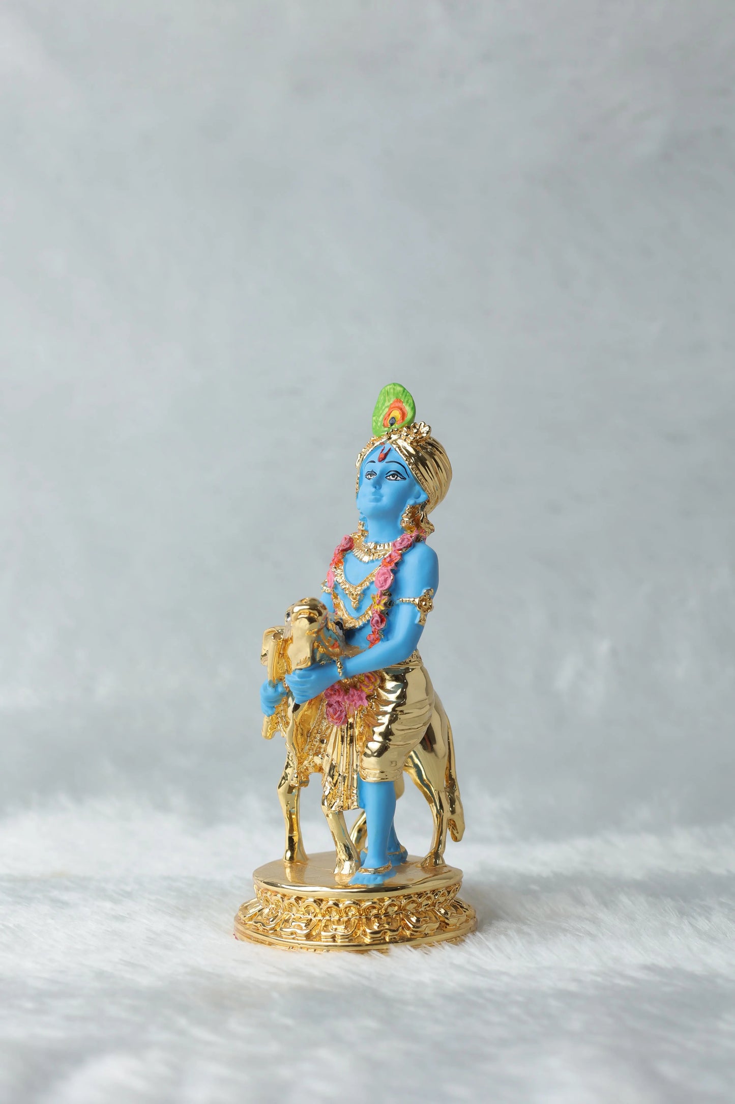 Gold Plated Krishna with Calf Statue - Blue Color, 6.5 x 2.75 Inches, Decorative Figurine Attractive Sister