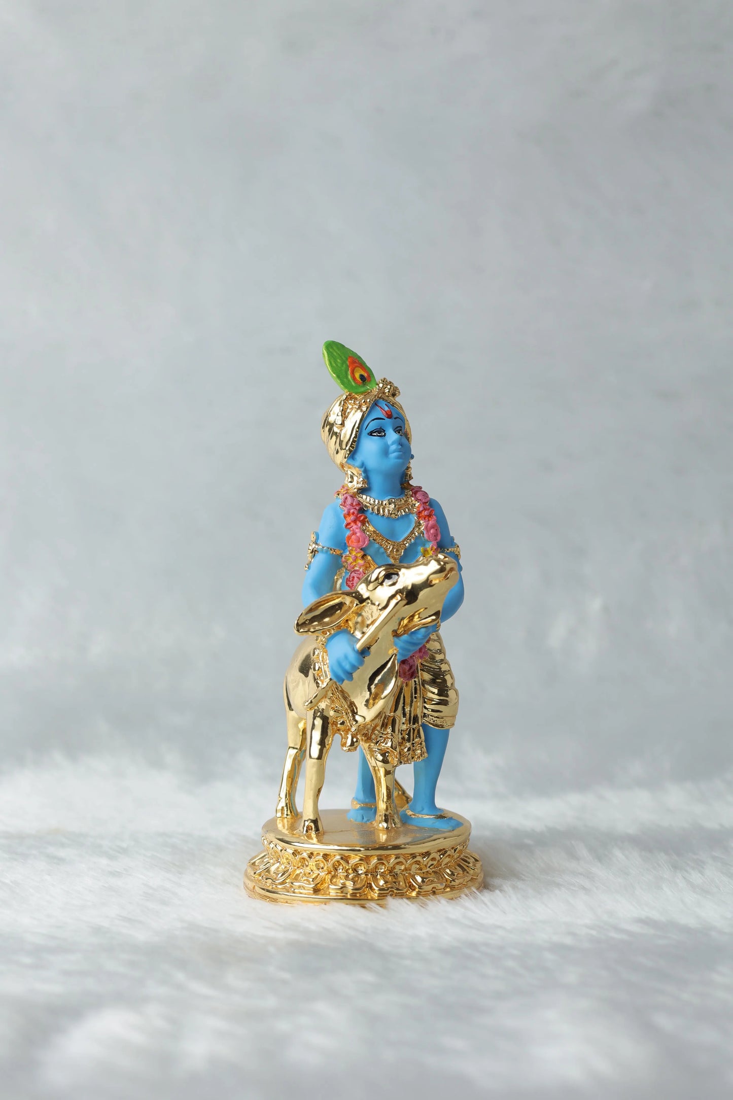 Gold Plated Krishna with Calf Statue - Blue Color, 6.5 x 2.75 Inches, Decorative Figurine Attractive Sister