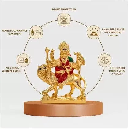 Handcrafted Durga Maa Idol for Car Dashboard & Home Décor - 24K Gold-Plated Shera Wali Mata Statue (153g) | Perfect for Pooja Room, Office, and Gift Giving | Prosperity & Blessings Decorative Showpiece Attractive Sister