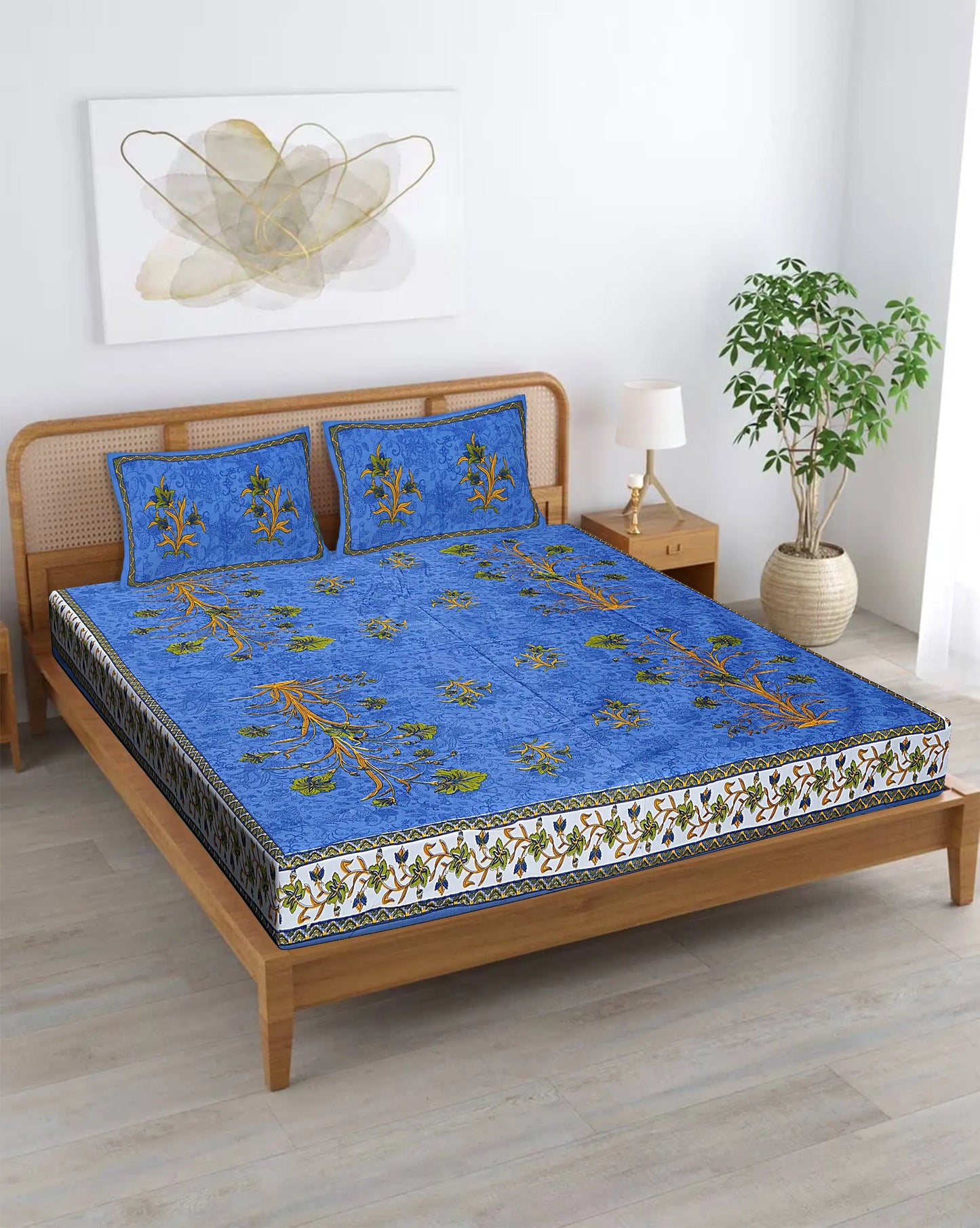 King Size 100% Organic Cotton Bedspread Set – 240 Thread Count, Hand Block Print in Blue, Includes 1 Bedspread (90x108) & 2 Pillow Covers – Soft & Durable Attractive Sister