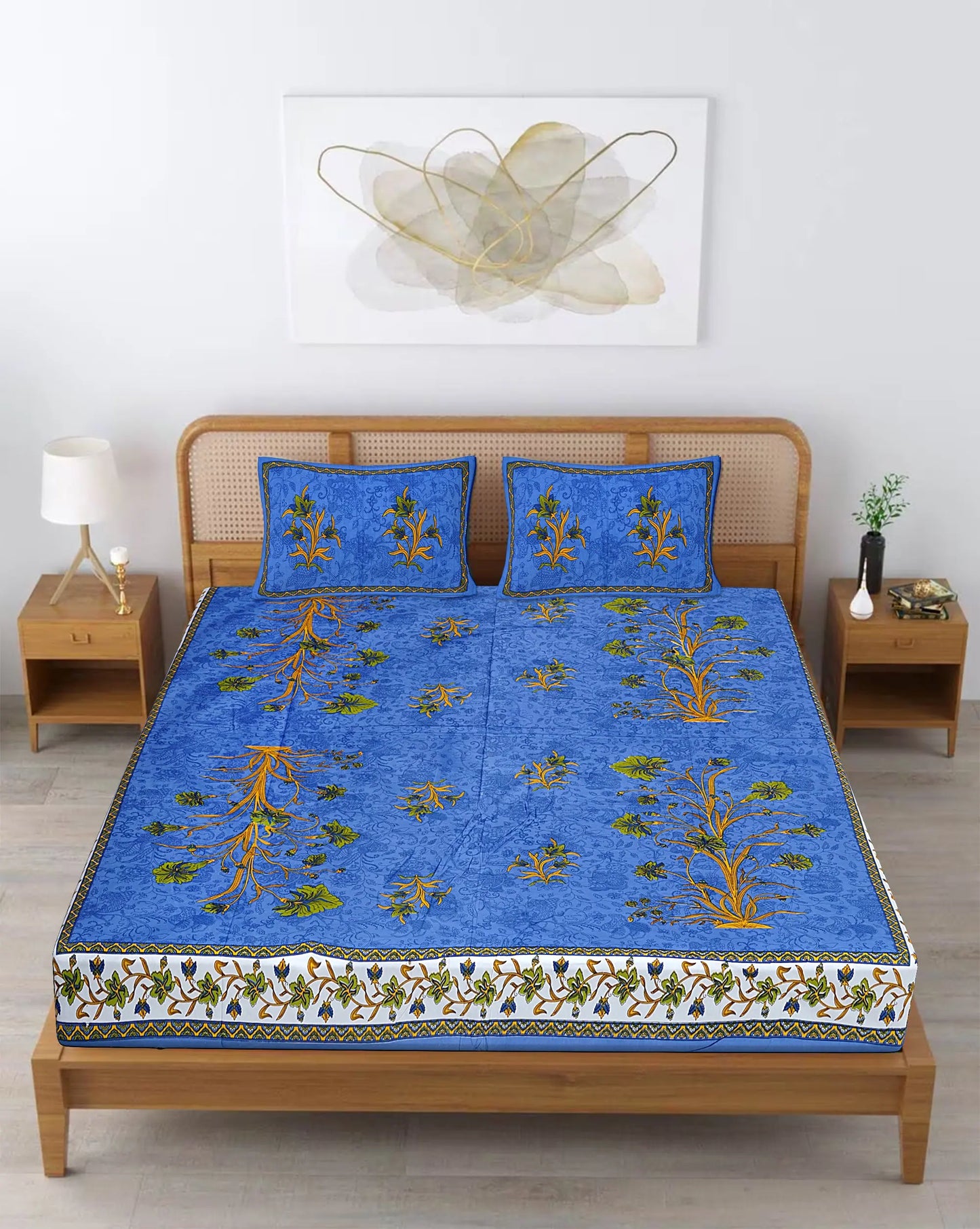 King Size 100% Organic Cotton Bedspread Set – 240 Thread Count, Hand Block Print in Blue, Includes 1 Bedspread (90x108) & 2 Pillow Covers – Soft & Durable Attractive Sister