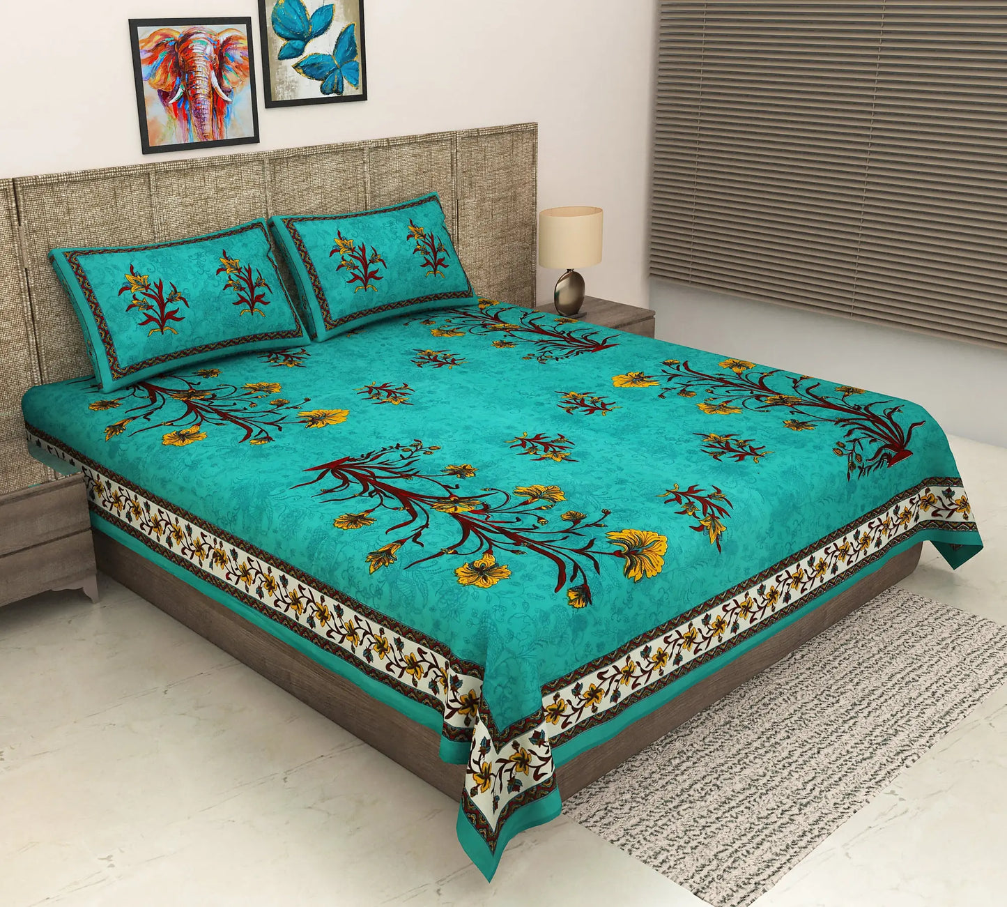 King Size 100% Organic Cotton Bedspread Set – 240 Thread Count, Hand Block Print in Blue, Includes 1 Bedspread (90x108) & 2 Pillow Covers – Soft & Durable Attractive Sister