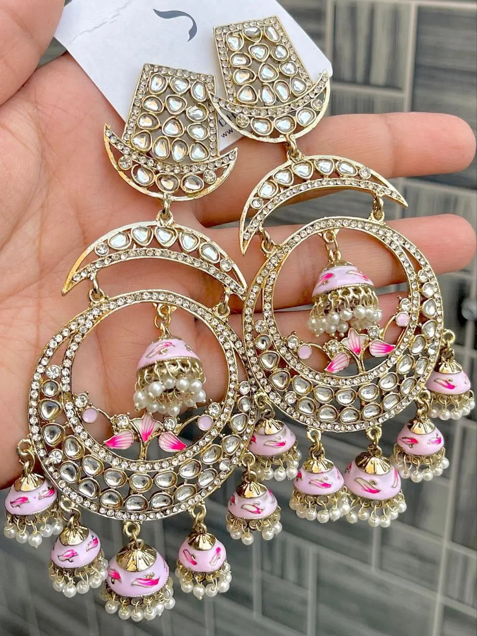 Trending Kundan Meenakari Chandbali Earrings with Pearl Drops – Bridal Wedding Jewellery RE