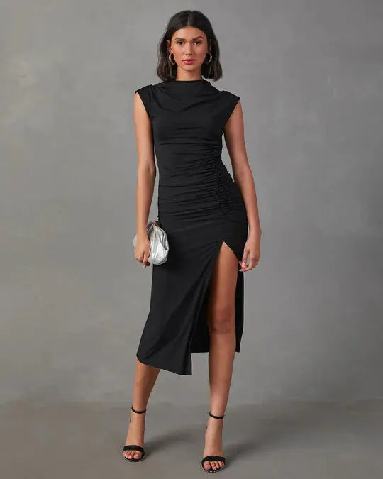 European And American Solid Color Slim-fit Sheath Dress Temperament Split CJ