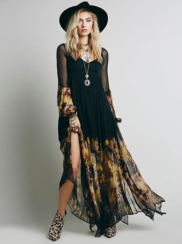 European And American Low V-neck Pleated Chiffon Dress Irregular Hem CJ