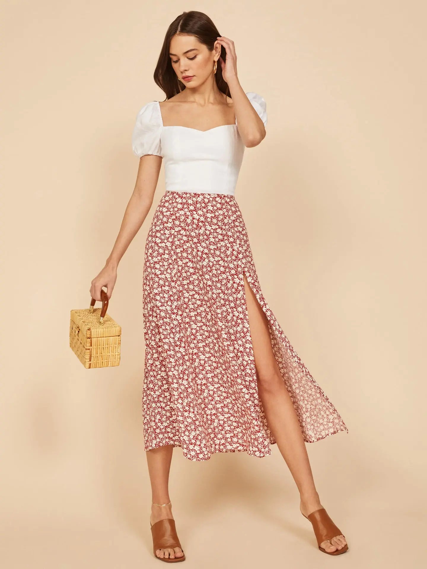 Flower Print High Waist Stretch Split Long A-Line Polka Dot Skirt Women eprolo