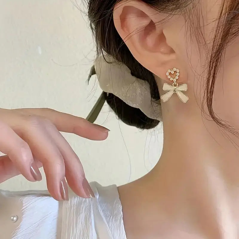 Heart Imitation Pearl Bow Earrings Attractive Sister