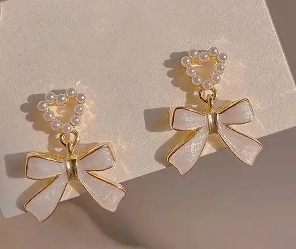 Heart Imitation Pearl Bow Earrings Attractive Sister