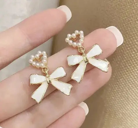 Heart Imitation Pearl Bow Earrings Attractive Sister