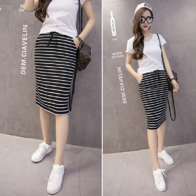 Black And White Striped Casual Pocket Mid-length Bag Hip Skirt CJ