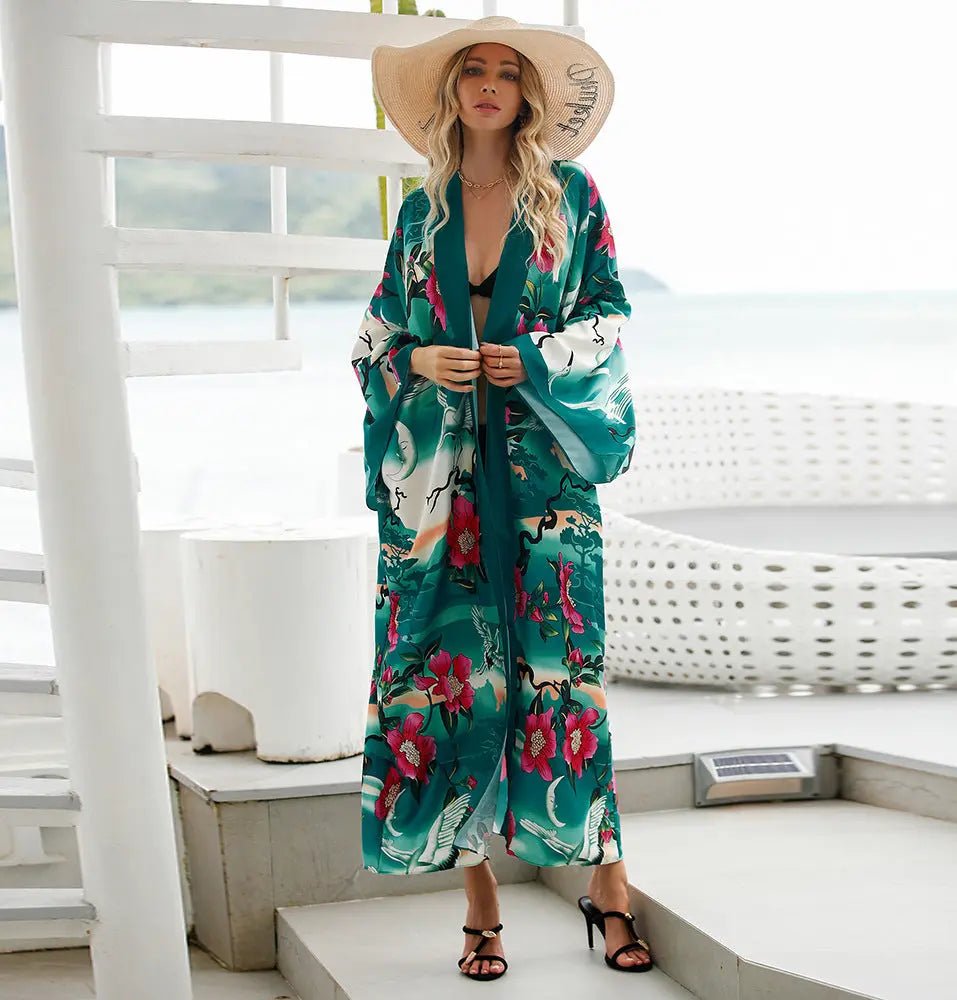 Women's Fashion Bohemian Long Dress Retro Style Long Sleeve Cardigan CJ