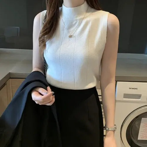 Half-high Neck Sleeveless Knit Sweater Slim Thin Bottoming Shirt With Vest And Short Top CJ