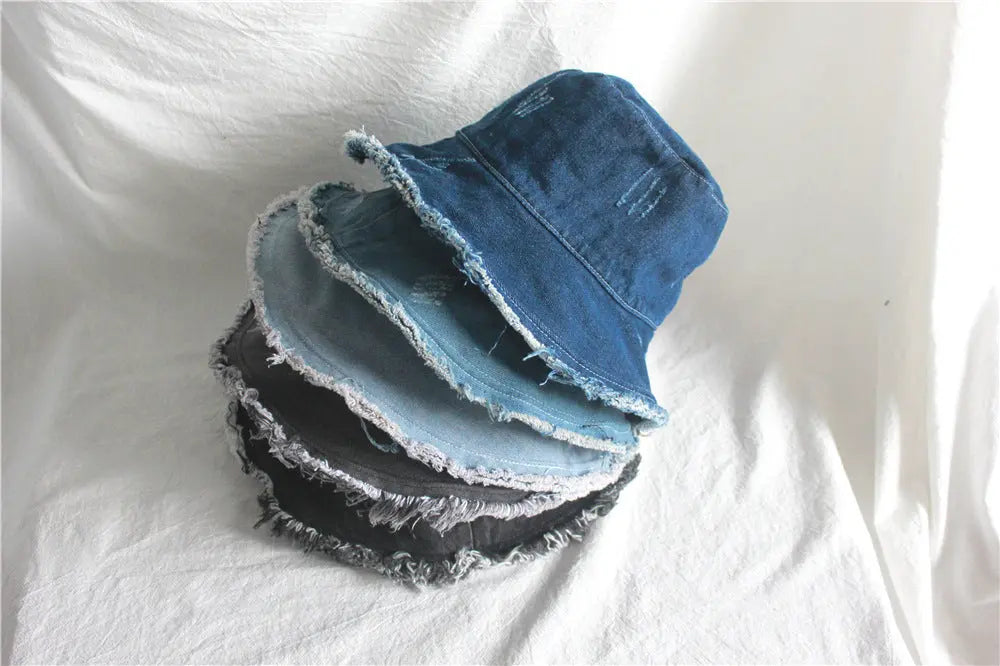 Summer Sunshade Raw Edge Denim Bucket Hat Women CJ
