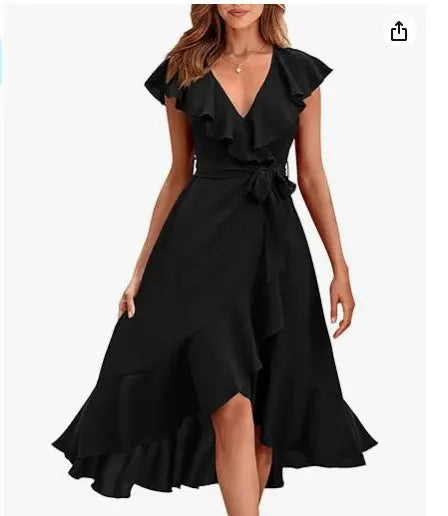 Women's V-neck Short Sleeve Ruffles Long Tie Dress CJ