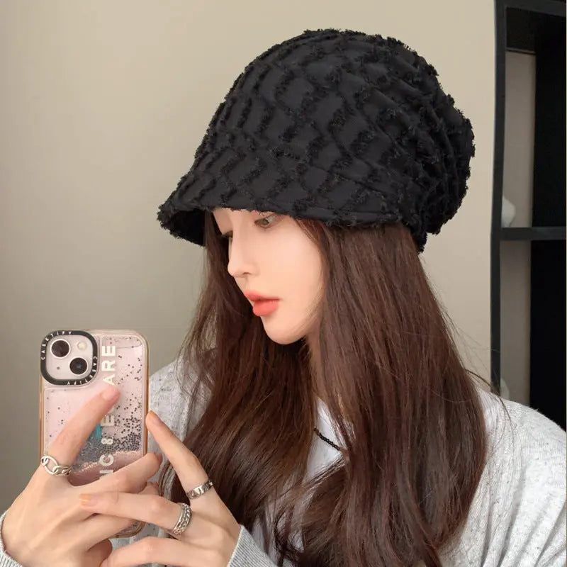 Women's Hat Solid Color With Plaid Pile Heap Cap Thin CJ