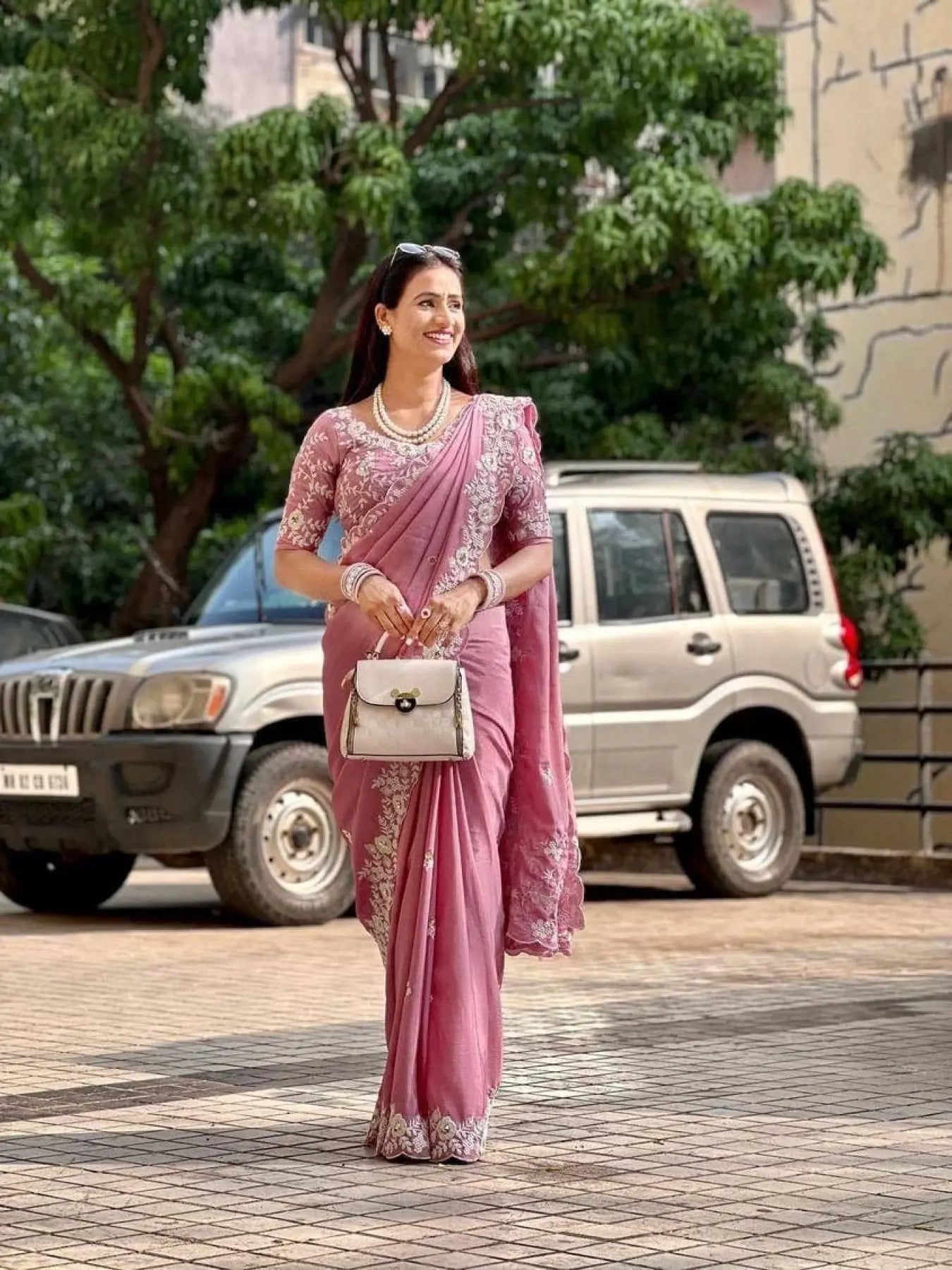 Baby Pink Chinon Silk Embroidered Saree Party Wear with Designer Blouse RE