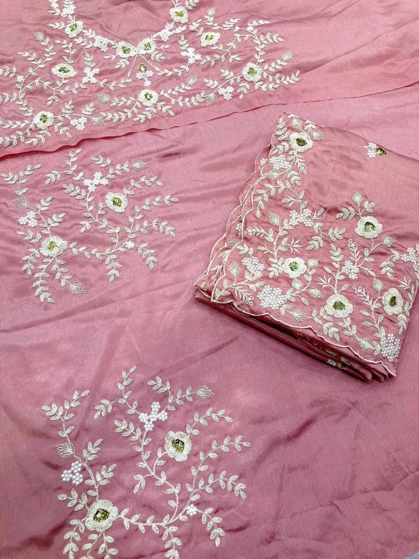 Baby Pink Chinon Silk Embroidered Saree Party Wear with Designer Blouse RE