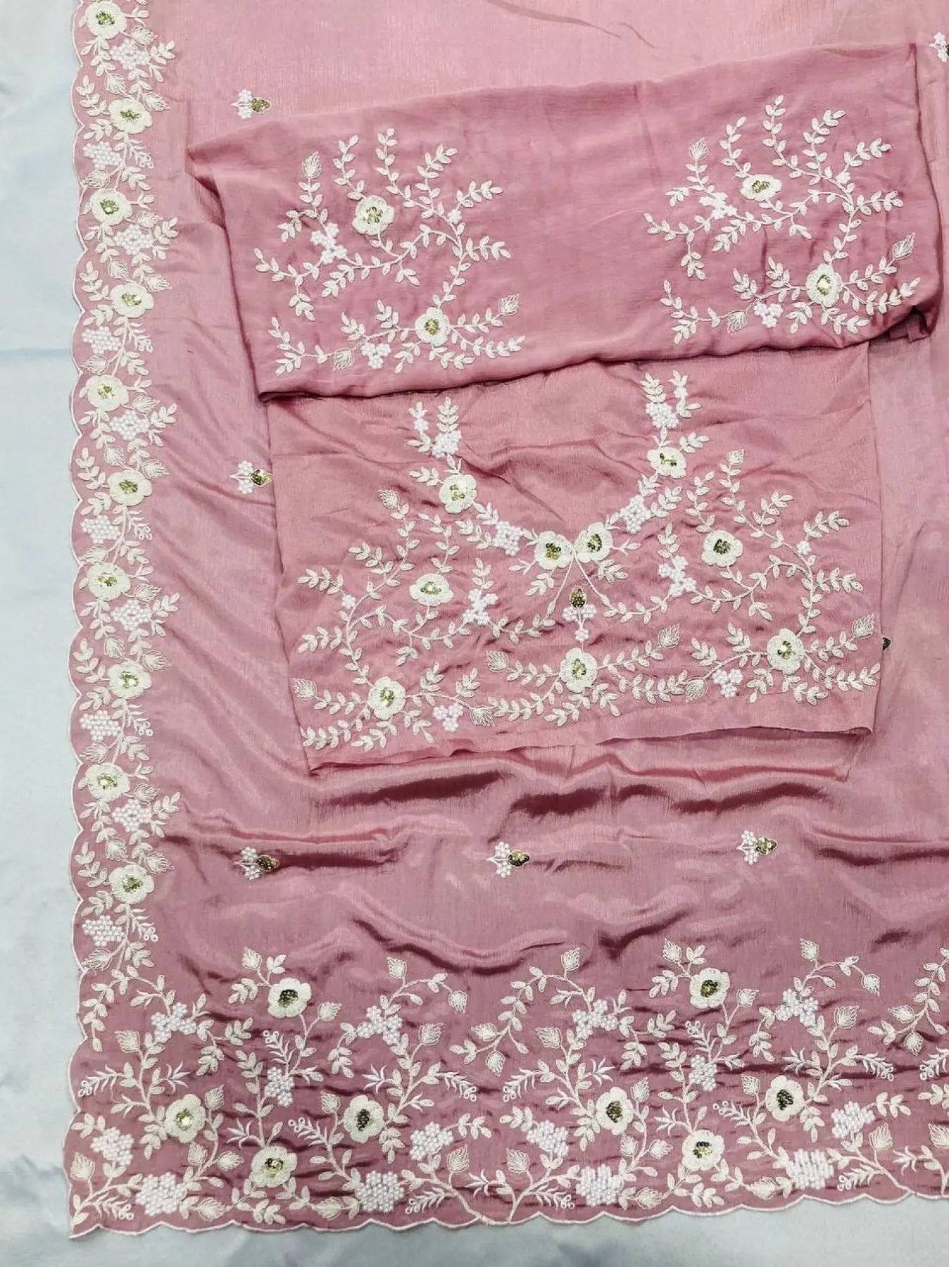 Baby Pink Chinon Silk Embroidered Saree Party Wear with Designer Blouse RE