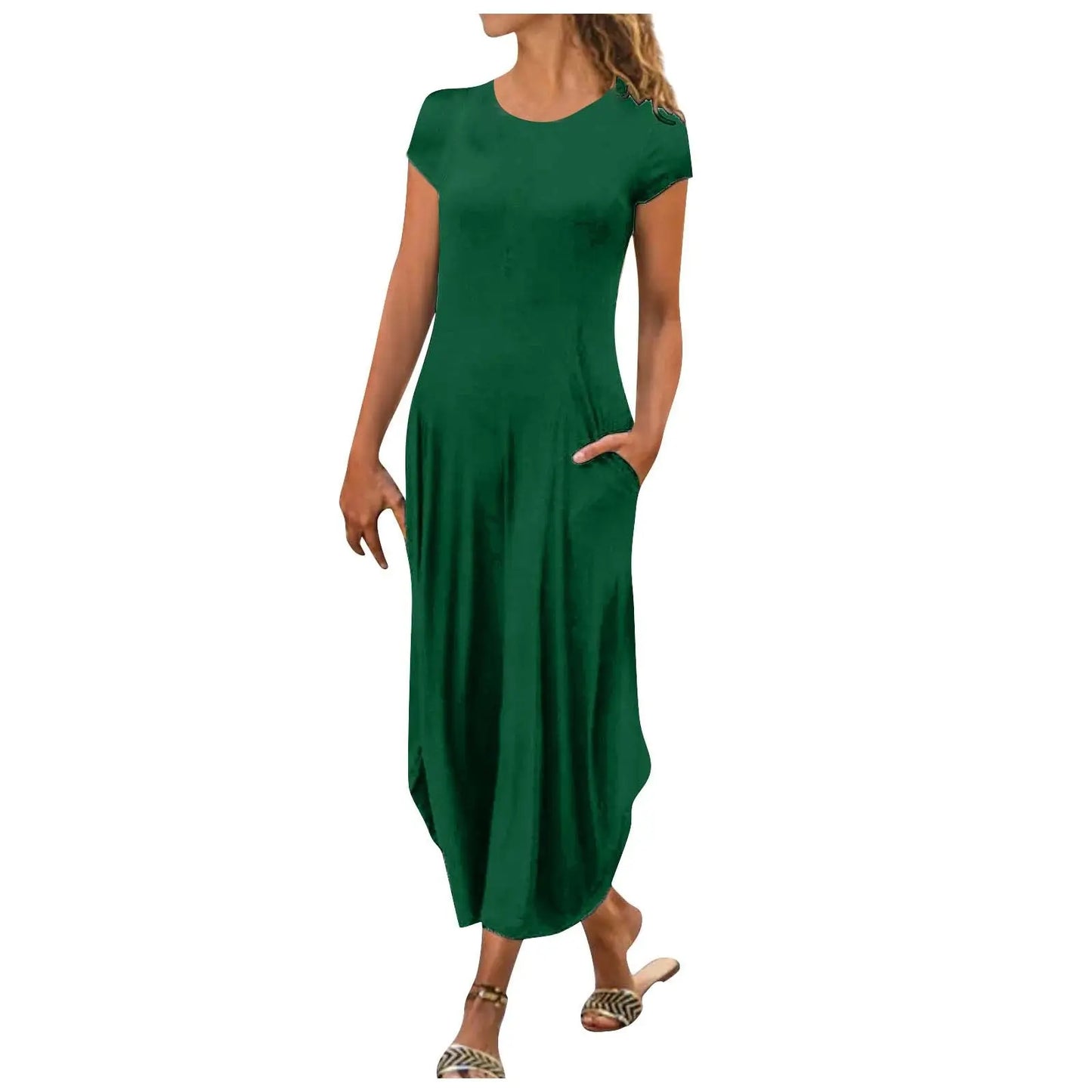 Pullover Short Sleeve Round Neck Mid Waist Solid Color Dress CJ