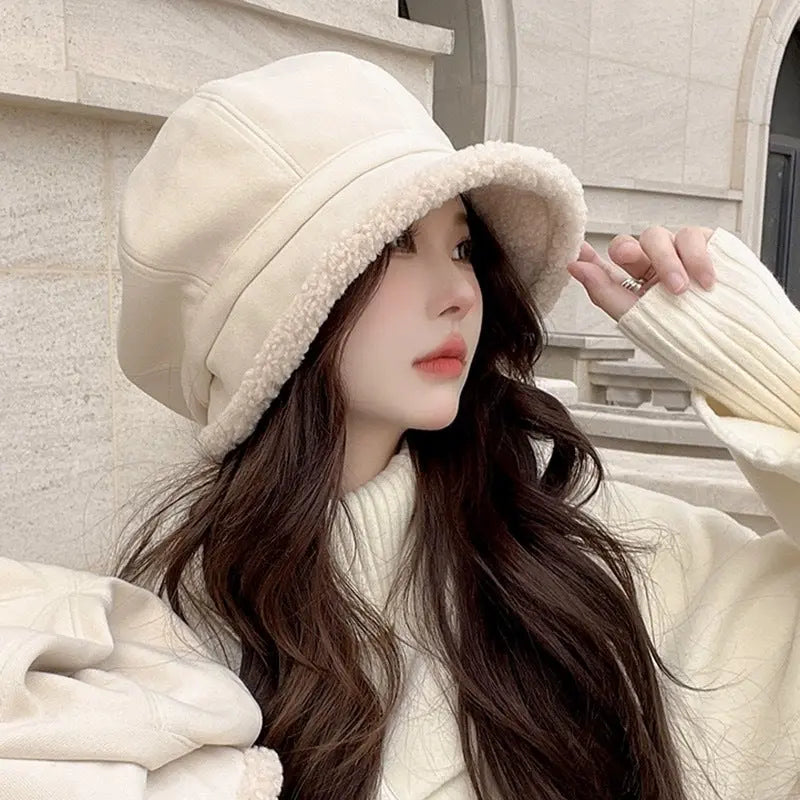 Beret Women's Autumn And Winter Big Head Circumference Fleece-lined Warm Pile Heap Cap Bucket Hat CJ
