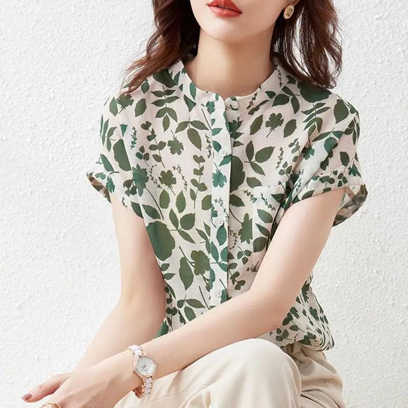 Chiffon Shirt Women's Short-sleeved Floral Top Fashionable Stylish French Printed Shirt Thin CJ
