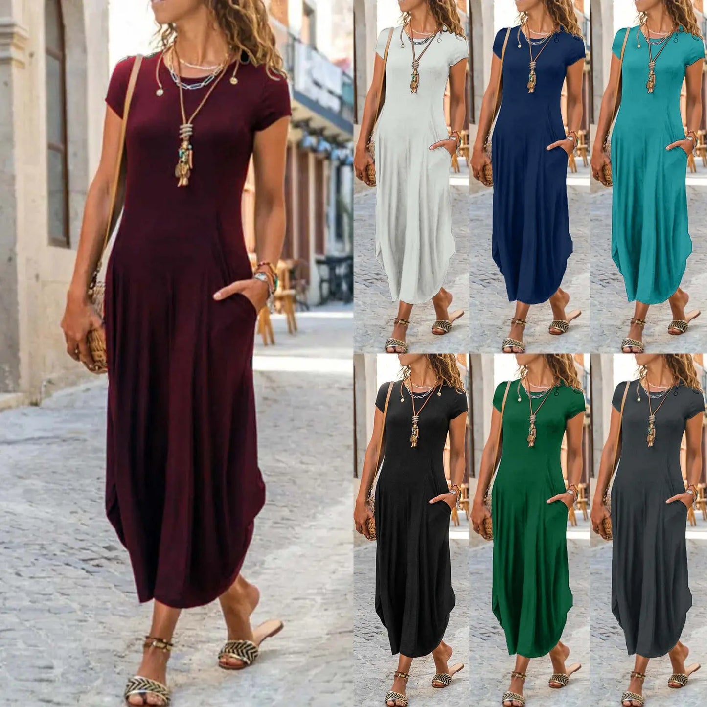 Pullover Short Sleeve Round Neck Mid Waist Solid Color Dress CJ