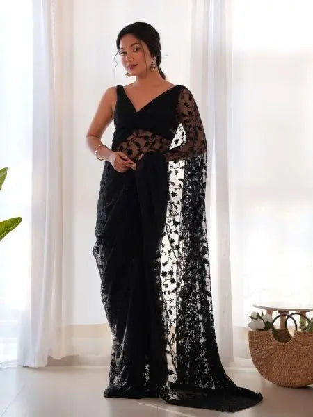 Black, Red & White Butterfly Net Sarees – Party Wear & Wedding Collection with Embroidery, Cutwork, Chain Stitch & Stone Work Glam Drape RE