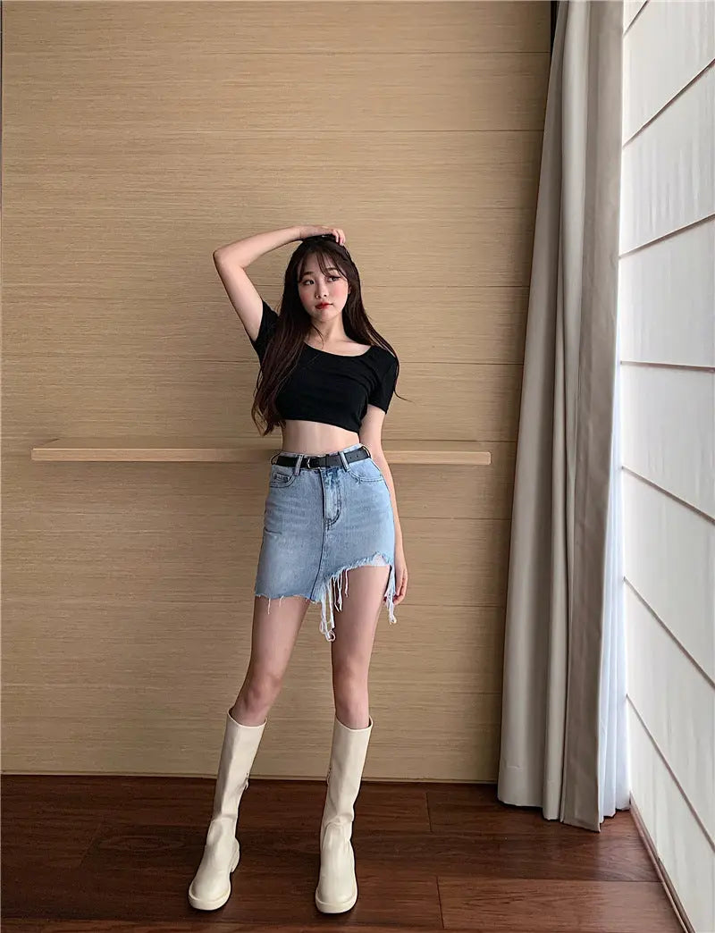 Denim Skirt Women Retro Irregular High Waist CJ