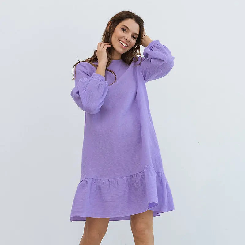 Solid Color Cotton Long-sleeved Nightdress Skirt CJ