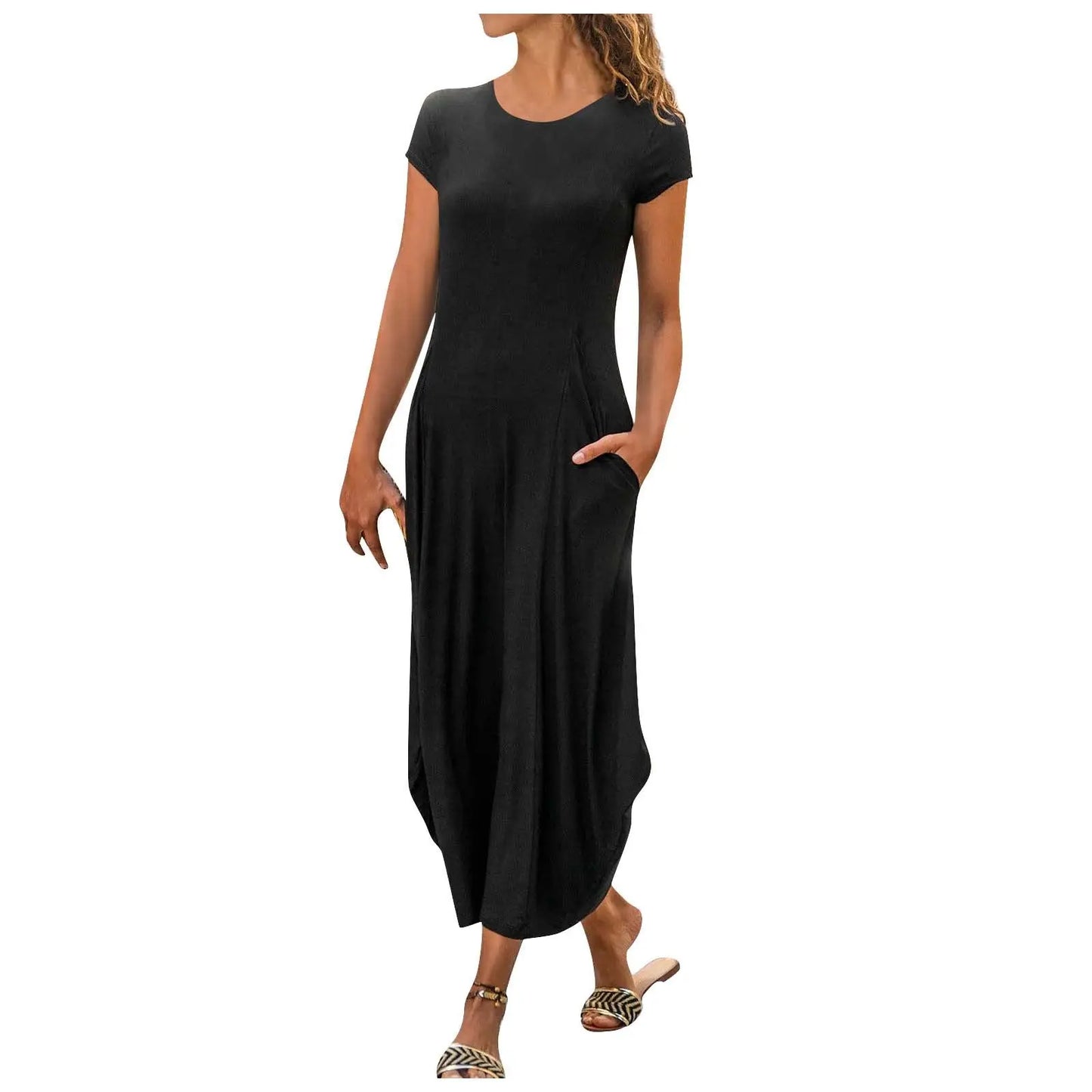 Pullover Short Sleeve Round Neck Mid Waist Solid Color Dress CJ