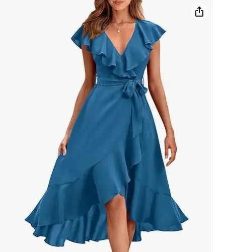 Women's V-neck Short Sleeve Ruffles Long Tie Dress CJ