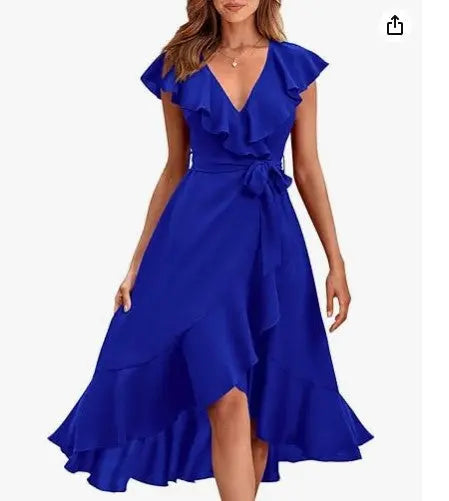 Women's V-neck Short Sleeve Ruffles Long Tie Dress CJ