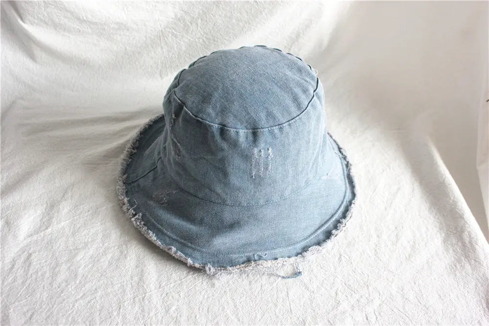 Summer Sunshade Raw Edge Denim Bucket Hat Women CJ