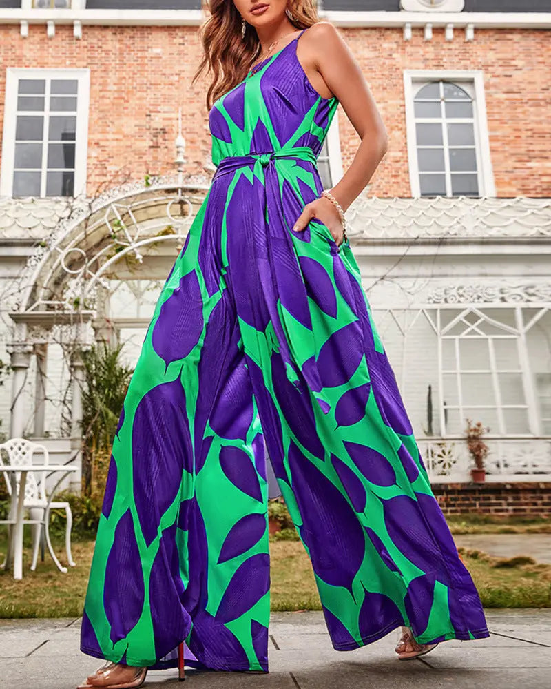 Green Printing Casual Lace Up Jumpsuit CJ