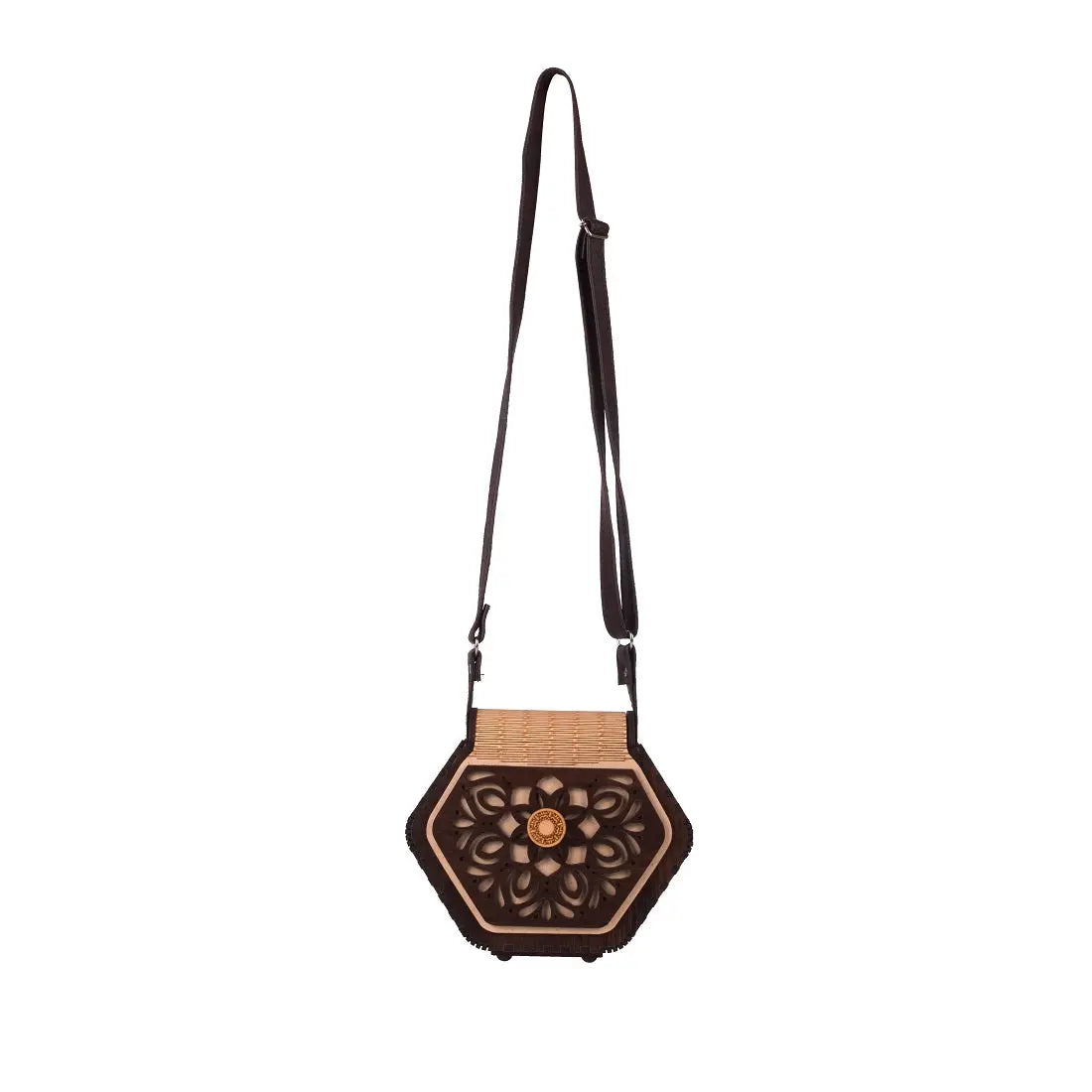 "Elegant Handcrafted Hexagonal Wooden Handbag with Floral Design - Perfect Rakhi Festival Gift" Attractive Sister